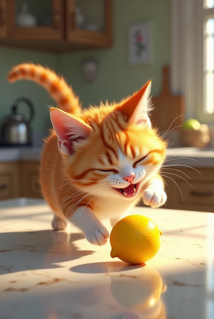 Leo the cat batting a shiny lemon around on a kitchen counter.