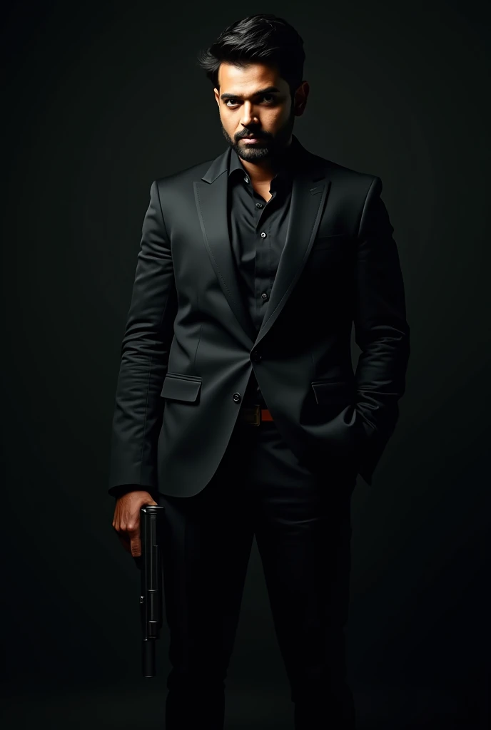 Rohit Sharma the Indian cricketer holding gun in Balck suit