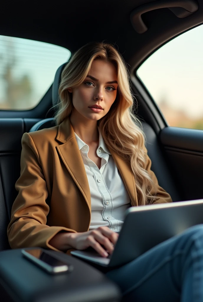 A trader girl with I pan that doing trading in his big luxurious car car and generat phone from his eyes view