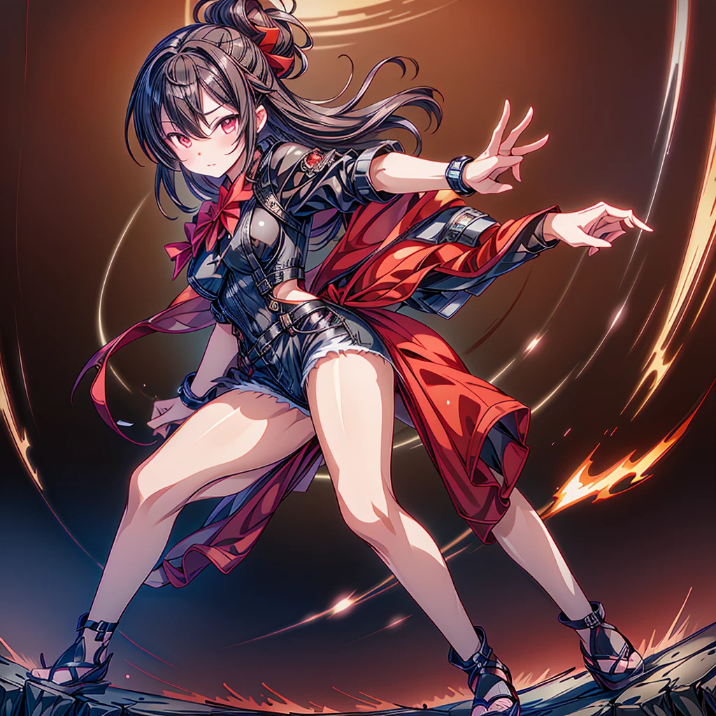 The best composition、Golden Ratio、(masterpiece, highest quality), (Super detailedな目), (Fine hair), Super detailed, Anime Style, whole body, Cyberpunk Egg Runner Girl,Scorched Red Cape、 ((black purple flame fist)), A crimson and jet black top knot hairstyle with red eyes, Wearing a rage cape and cyberpunk outfit. Standing on burnt ground, 8K High Resolution,  whole body, Overall view,He is pointing an  at the viewer.、