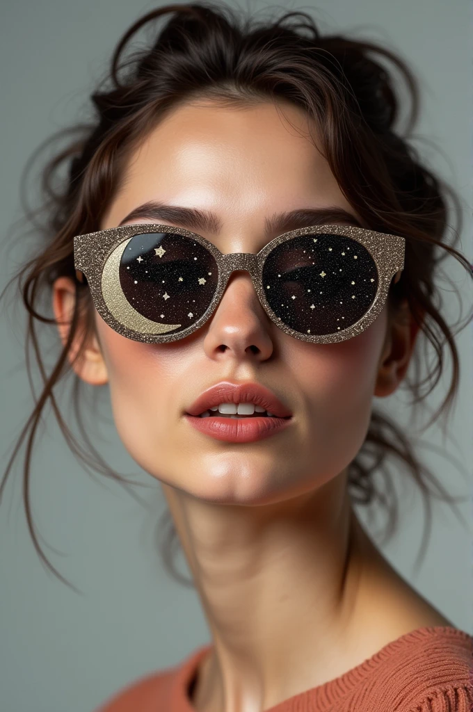 The model is wearing glass sunglasses with stars and the moon on the glass