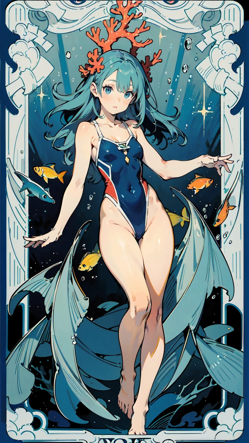 Tarot Cards、Masterpiece、Highest quality、Amazing details、Detailed Background、Line art、Written boundary depth、Flat Shading、Mucha style、Art Nouveau、(Image of underwater:1.3)、(Surrounded by lots of fish and coral:1.2)、Cute swimsuit、Vintage Color、colorful、Anatomically correct、Slim figure、Thick thighs、Hollow Eyes、Anguished expression、Perfect Face、Pastel blue hair、long hair、Embarrassing、She is blushing