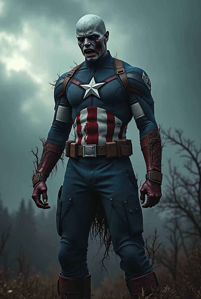 Captain America Zombie Version, "A 16K resolution image with ultra-high picture quality, ensuring sharp, crisp details and textures throughout. The image should have exceptional clarity, with vibrant, true-to-life colors and a high dynamic range. Lighting should be natural, enhancing depth and detail, with no noise or blurriness, even in the darkest areas.".