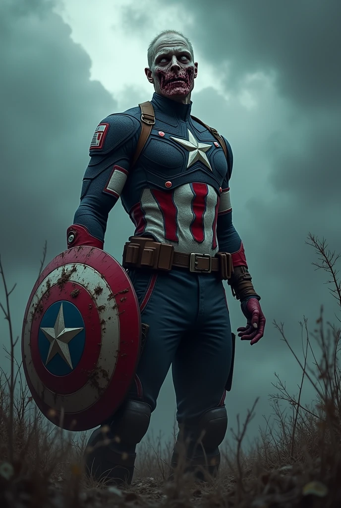 Captain America Zombie Version, "A 16K resolution image with ultra-high picture quality, ensuring sharp, crisp details and textures throughout. The image should have exceptional clarity, with vibrant, true-to-life colors and a high dynamic range. Lighting should be natural, enhancing depth and detail, with no noise or blurriness, even in the darkest areas.".