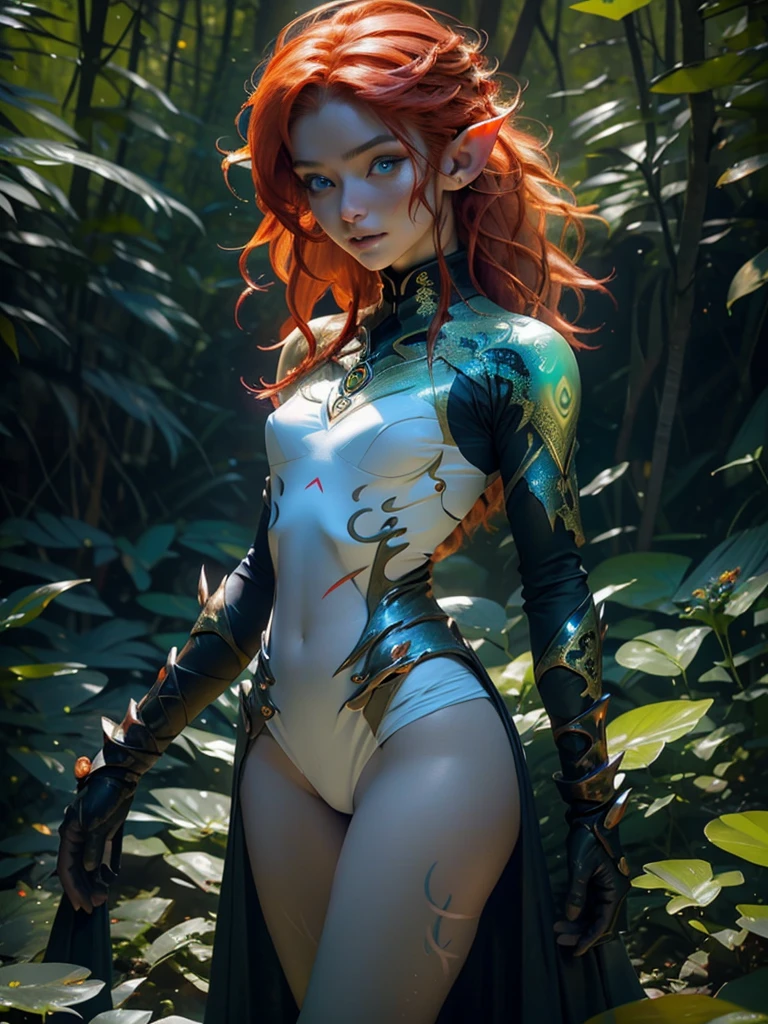 Image of a flamehaired elves girl in the forest, full length, small tits, fractal osguda how as diffusion with nautilus, Futuristic, Intricate, glowing runes on skin, Smirk, bright light, soft light, Photorealism, small depth od field, ISO100, f3.5, 1/250