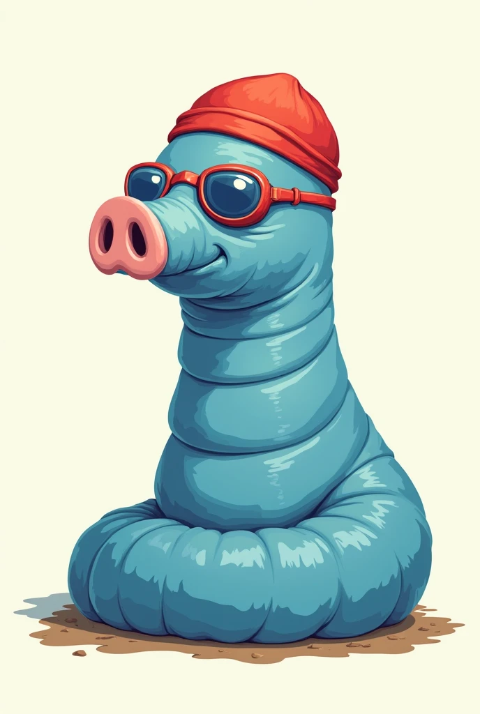 Dessin d’un ver de terre bleu, avec un nez de cochon et le corps d’un verre de terre, muni d’un bonnet de bain et des lunettes de bain
