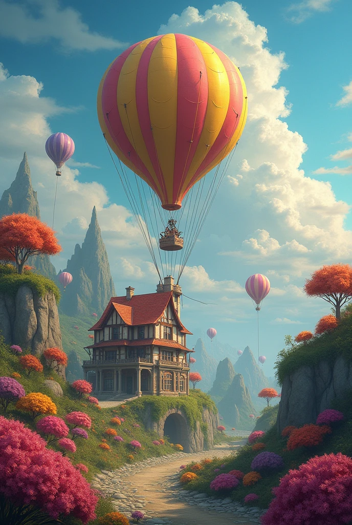 Fantastic landscape, castle town, Hot air balloon with many ropes connected to the ground, (Uneven terrain:1.6), (Multicolored fungal house restored: 1.2), (Fluffy bushes: 1.1), Discharge, Cumulonimbus, Cirrus, Thick silhouette, Pointed silhouette, Extreme Detail, 8k, Ultra-high resolution, Film Grain, Colorful painting