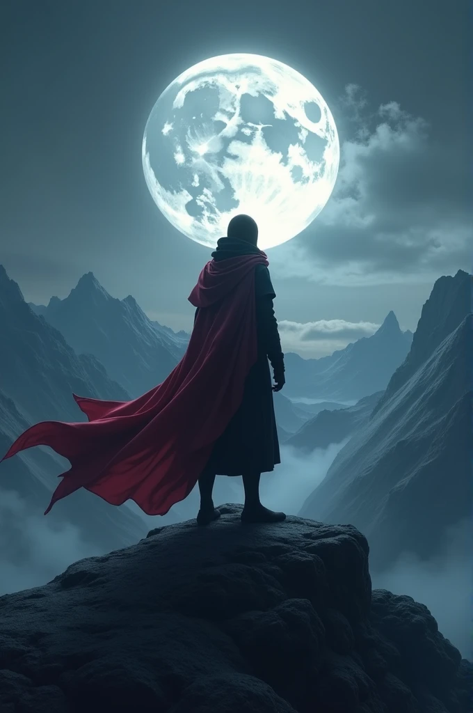 A ninja on top of a mountain, night time huge moon, shadow, long red flowing scarf