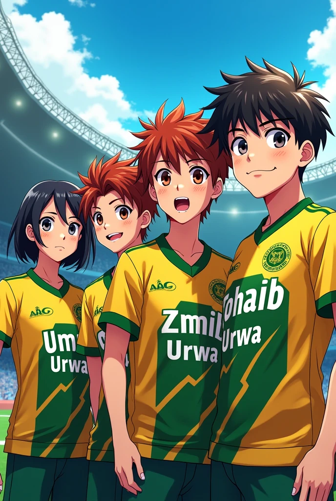 A 4 anime cracter wearing a pakistani team shirt around a shirt name with umer zohaib urwa stad at ground
