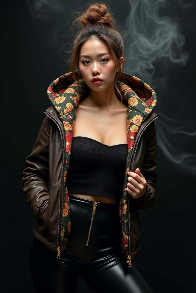 beautiful tanned japanese woman,wearing a designer jacket using expensive materials, from brownish black buffalo leather, with a Gucci motif inner lining accent, and a hoodie with a green, red and gold floral pattern. and black sequin fabric turtle strapless top tucked inside latex pants, ((no boobs showing)) ((exclude cleavage)) gold zipper, thick eyebrows, photorealistic, masterpiece, moncler, messy bun highlighted brown hair, open coat, lips pouting, pouts, void black background with smokes and nice lighting