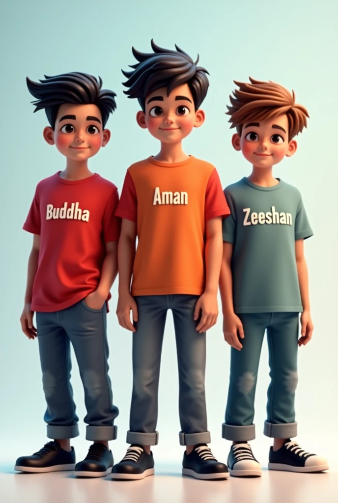 There is a boy whose name is Buddha and his name is written in red color shirt and he is wearing pants and black color shoes and his hair is a little stylish And second boy name is Aman write an in shirt and third boy name is Zeeshan writen in shirt and background is clear 4k