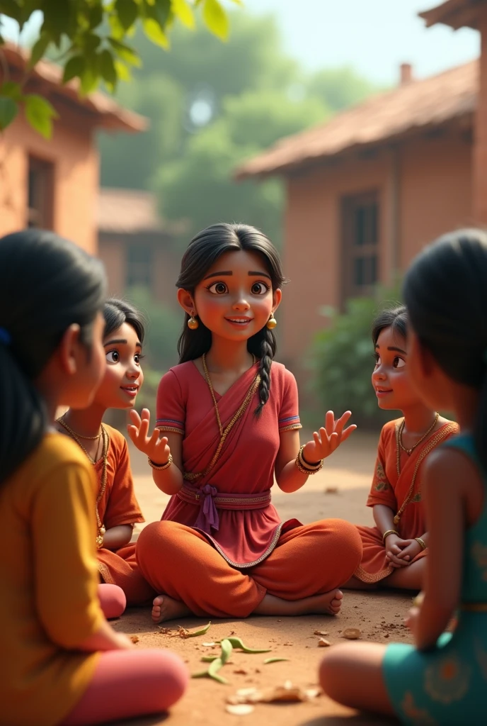 In 3d animation style "Sumana talking to a group of young girls from her village, motivating them to pursue their dreams."