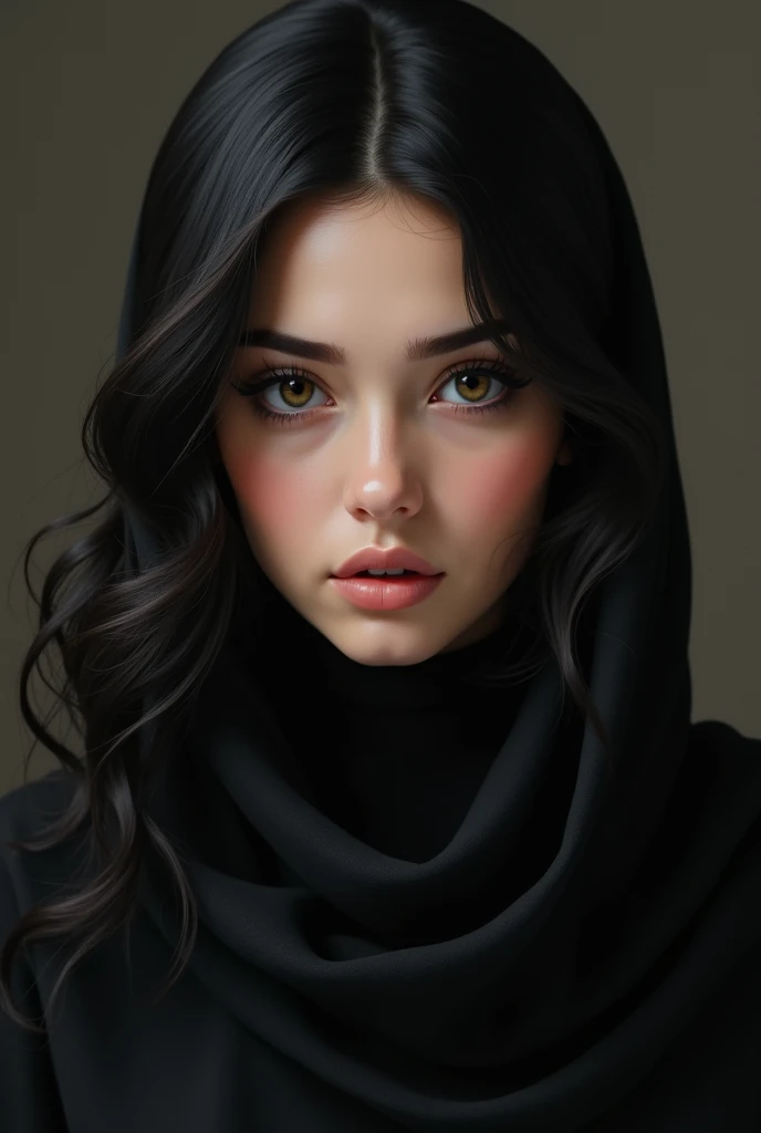 Woman with black wavy hair , Muslim beauty , large, expressive black eyes, long nose, small mouth, round face black eyes