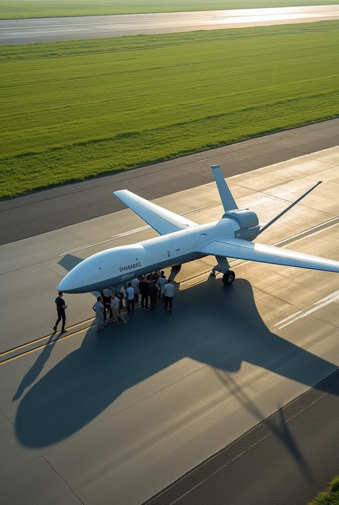 I want left side wing view of shahpar 3 uav ready for flight on runway. Flight teat team is around. There are markings on runway. The shadow of shahpar 3 is sharply reflecting on runway. The runway is besides green field.