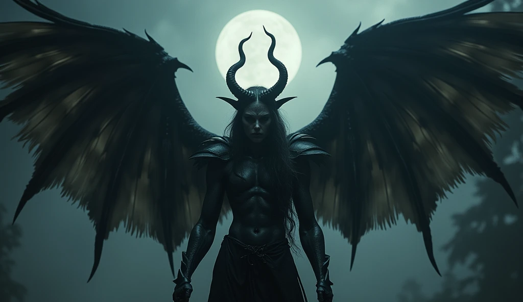 a fallen angel, detailed dark angel, detailed demonic features, dark wings, glowing halo, dramatic lighting, moody atmosphere, cinematic composition, muted color palette, chiaroscuro lighting, detailed feathers, intricate patterns, gothic aesthetic, dark fantasy, dramatic shadows, ethereal presence, (best quality,4k,8k,highres,masterpiece:1.2),ultra-detailed,(realistic,photorealistic,photo-realistic:1.37)