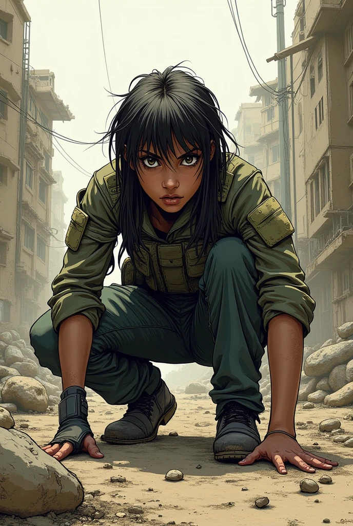 A close up sketch of soldier crouched under a debris. Wide open eye, surrounded by war zone
