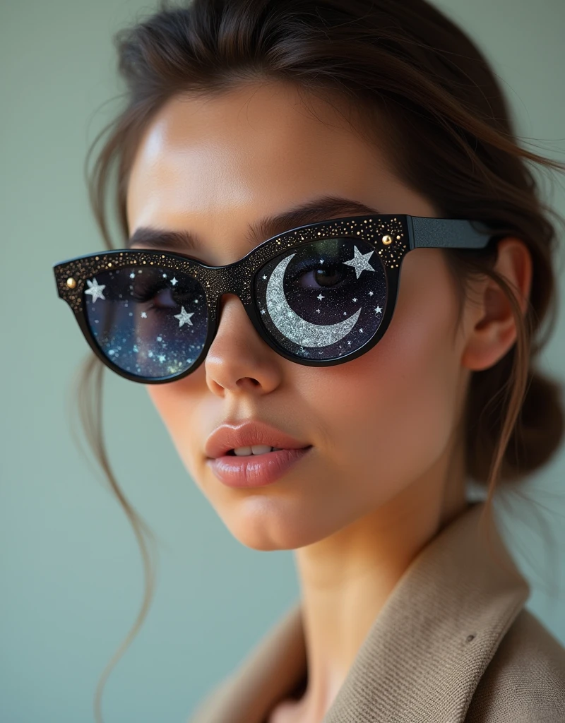 The model is wearing glass sunglasses with stars and the moon on the glass