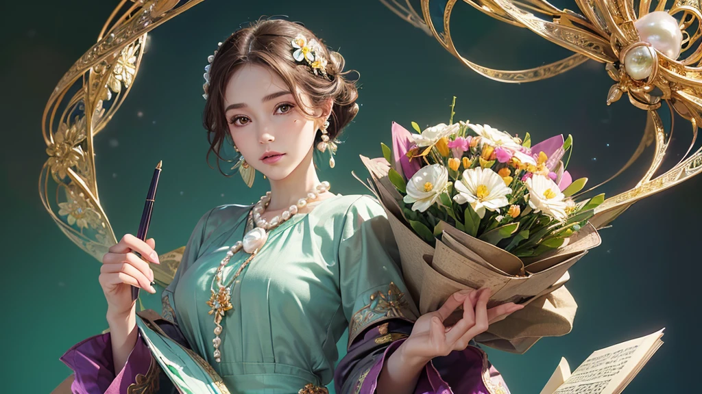 32K, 最高quality, 最高masterpiece, (ultra-Detailed Background, Detailed Background), High resolution, Super detailed, Very detailedな, 1 personの, (bouquet:1.3), (Tangled:1.2), (Geometric:1.2),(colorful),(masterpiece, quality, best quality, Official Art, Beautiful and beautiful:1.2), (1 person:1.3), Very detailed,(colorful:1.1)(Flowers:1.3),Most detailed,(Tangled:1.2), whole body, (Abstract background:1.3), (Skin glows), (Many colors:1.4), ,(Earrings Pearl:1.5), Light green background, It's imaginative., Brunette Hair, Updo, Holding a book, Holding a pen, Satin shirt