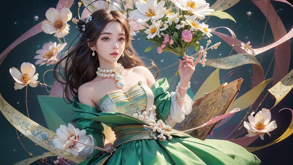 32K, 最高quality, 最高masterpiece, (ultra-Detailed Background, Detailed Background), High resolution, Super detailed, Very detailedな, 1 personの, (bouquet:1.3), (Tangled:1.2), (Geometric:1.2),(colorful),(masterpiece, quality, best quality, Official Art, Beautiful and beautiful:1.2), (1 person:1.3), Very detailed,(colorful:1.1)(Flowers:1.3),Most detailed,(Tangled:1.2), whole body, (Abstract background:1.3), (Skin glows), (Many colors:1.4), ,(Earrings Pearl:1.5), Light green background, It's imaginative., Brunette Hair, Updo, Holding a book, Holding a pen, Satin shirt