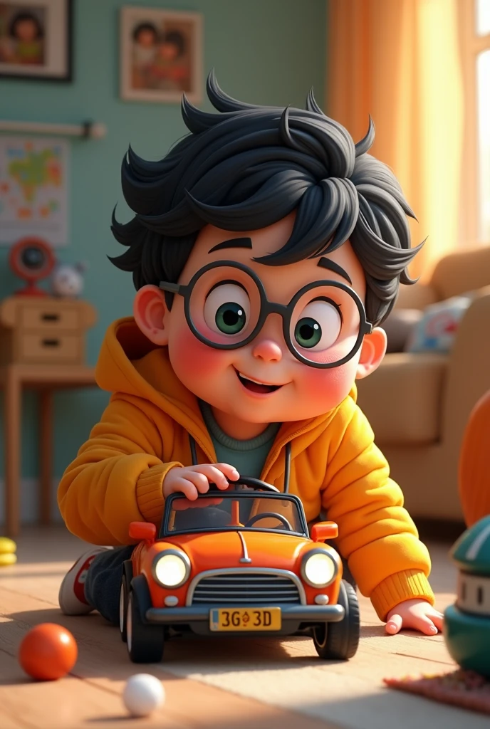 Create a picture of Florian Nonn from Cologne. He is 2 and has black hair and glasses. He loves it, smart #3 to drive and drives one to scrap. He is satisfied