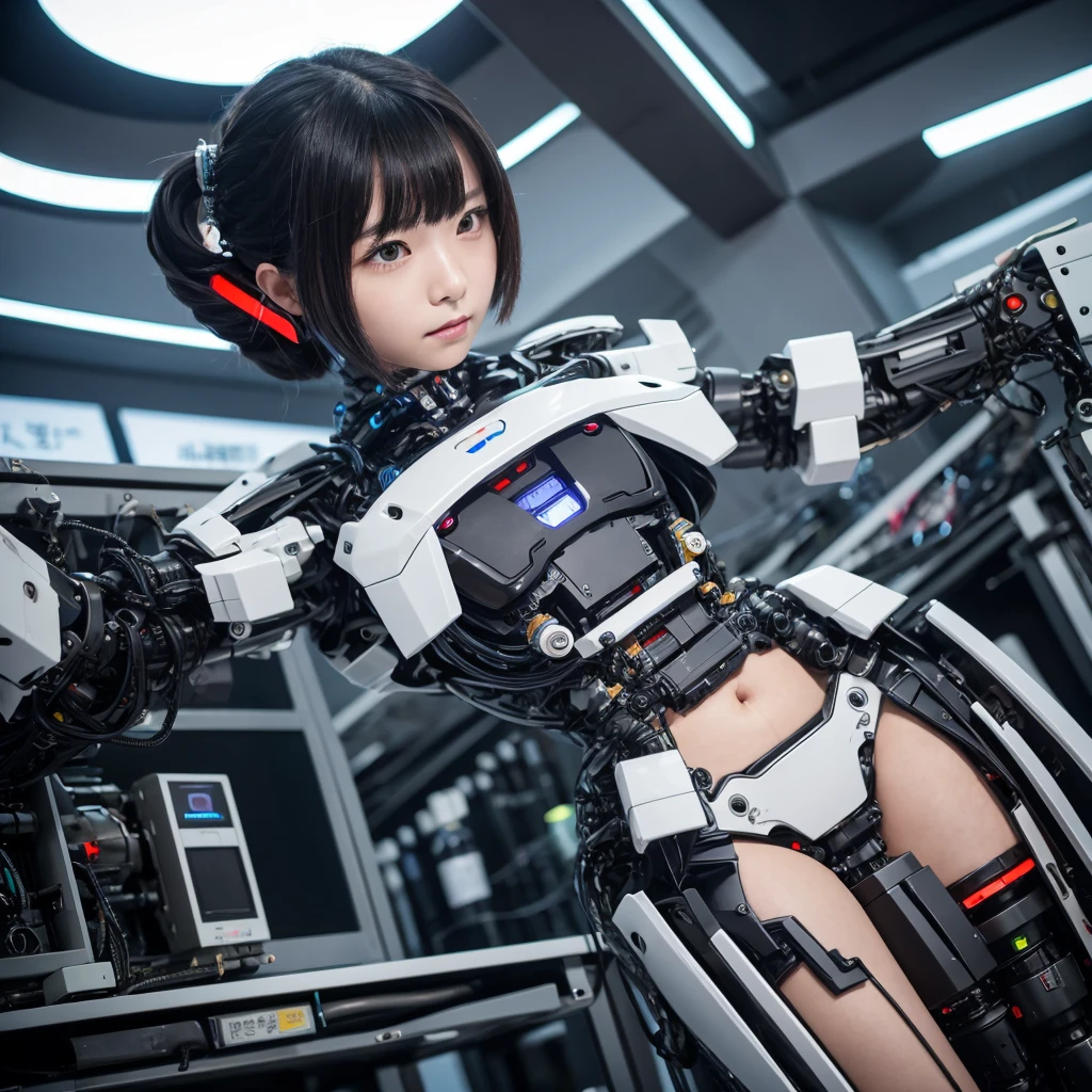 masterpiece, Highest quality, Very detailed, Japaese アンDroid girl,Portraiture,Beautiful 2 Japanese woman:1.5,Plump,Slightly thicker,Control panel,アンDroid,Droid,Mechanical Hand, robotの腕と脚, Black Hair,Blunt bangs,perfect robot girl,Long tube,A thick cable was attached to her neck.,アンDroid,robot,humanoid,cyborg,japanese cyborg girl ,robot-assembly plant,She is now assembling,Assembly scene,Camera Eye,Chest Monitor