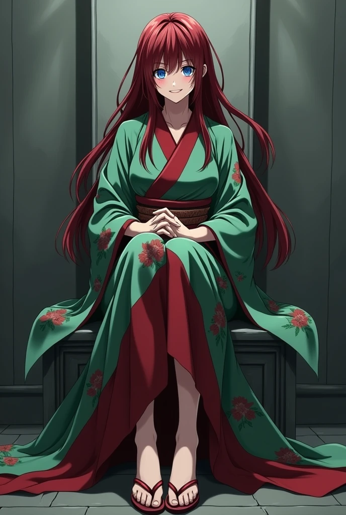 The image is anime style with shadows and dim lights, anime style although somewhat adult and dark, It shows a 40-year-old adult woman with blue eyes and wearing a beautiful oversized green and red yukata.; He also wears sandals. She has very long and loose hair., dark red, with a face that shows a malevolent smile with malice, She has beautiful feet. The background of the image is a grey wall. is beautiful, but he seems like a psychopath. You are sitting on a kind of throne,