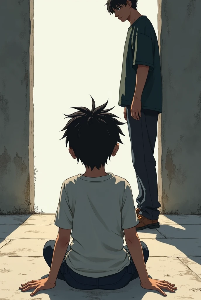 Boy sitting on the ground make the perspective to be his back view, with his arms stretched out, placed on the ground, while a man standing in front of him.