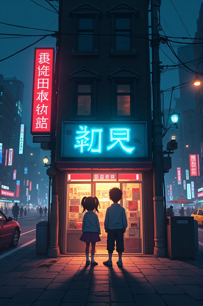 Two are standing in front of a store in the middle of the night city.