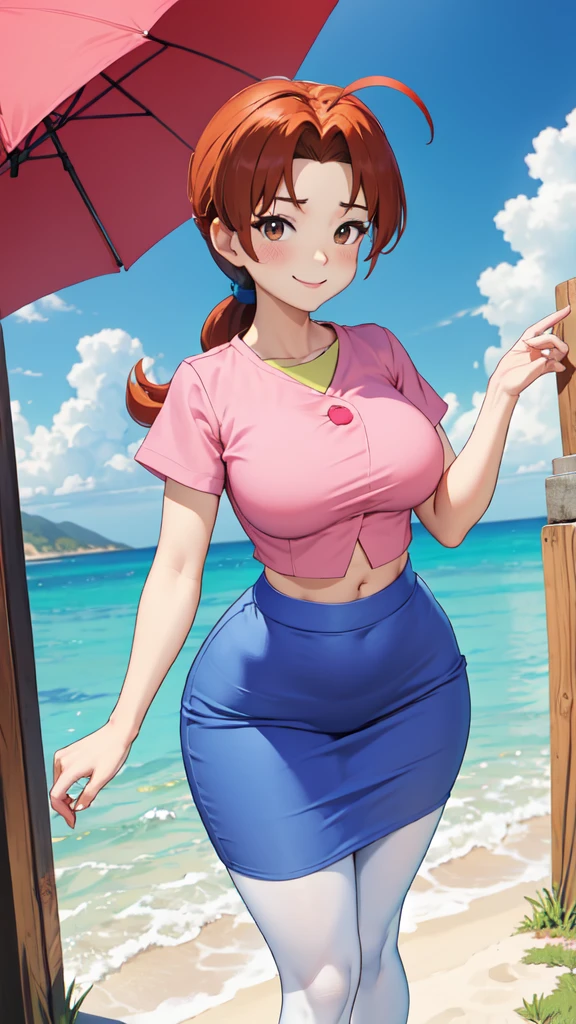 masterpiece, best quality, pkmnDelia, ponytail, pink shirt, ((microo-blue skirt)), pantyhose,smile, upper body, large breasts, house, blue sky,(full body),((wide hips))