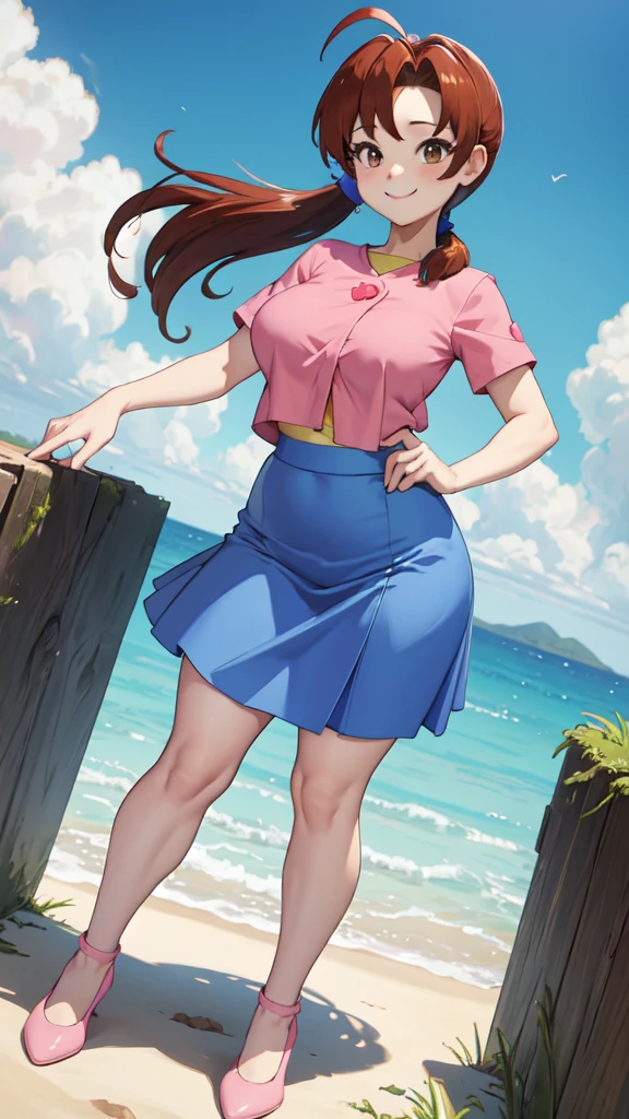 masterpiece, best quality, pkmnDelia, ponytail, pink shirt, ((microo-blue skirt)), pantyhose,smile, upper body, large breasts, house, blue sky,(full body),((wide hips))