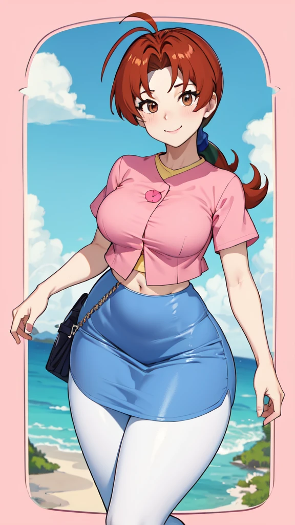 masterpiece, best quality, pkmnDelia, ponytail, pink shirt, ((microo-blue skirt)), pantyhose,smile, upper body, large breasts, house, blue sky,(full body),((wide hips))