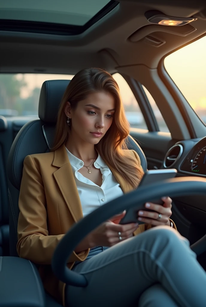 A trader girl with I pan that doing trading in his big luxurious car car and generat phone from his eyes view the girl is seating at driving seat