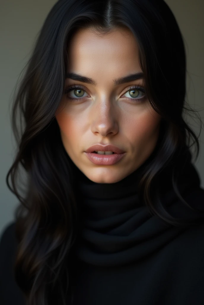 Woman with black wavy hair , Muslim beauty , large, expressive black eyes, long nose, small mouth, round face, dark eyes