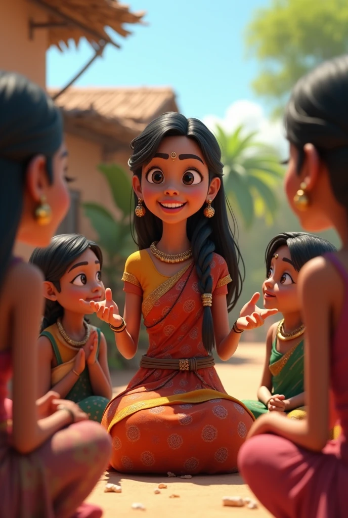 In 3d animation style "Sumana talking to a group of young girls from her village, motivating them to pursue their dreams."