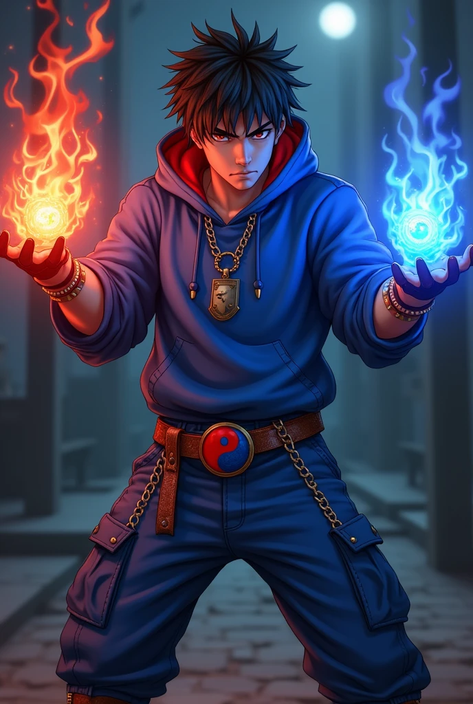 Boy age 20, latin, brown eyes, deep and cute eyes, royal blue hoodie, the hoodie hood is red into, royal blue cargo pants, only right demon arm, only right arm on red flames, only left arm blue flames, japanese style, belt with a blue and red ying yang, chains around the belt, athletic, magic powers, action, cunning look, leather brown boots with metal pins, black cat nails, attack camera pose, black hair, night background, uncovered head