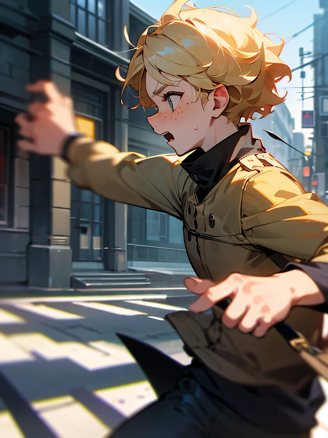solo, ,hunting cap, blond curly boyish hair, freckles, profile, running at full speed, panicked face, thief, street corner, cold sweat,