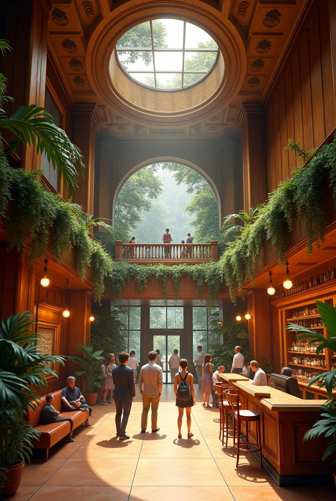 Lobby of a cinema. Wooden interior with plants. A bar in the right corner of the room. A seating area on the left. A ticket office in the front.