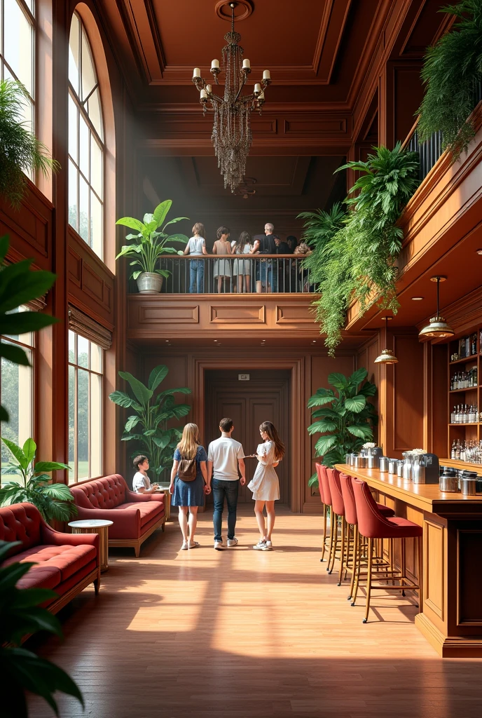 Lobby of a cinema. Wooden interior with plants. A bar in the right corner of the room. A seating area on the left. A ticket office in the front.