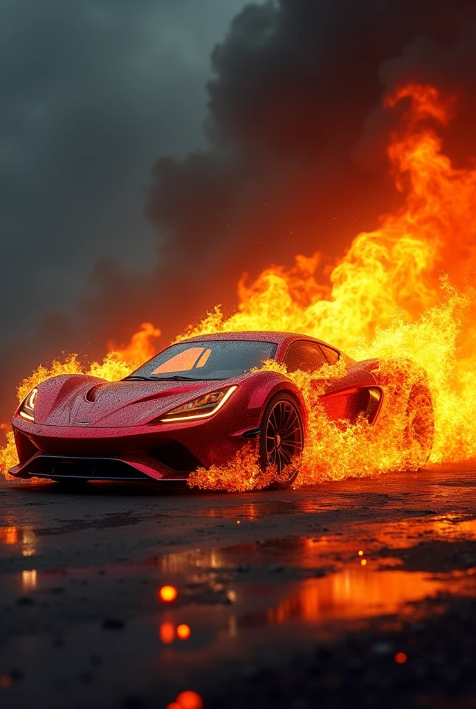 A car with fire and red colour car on top