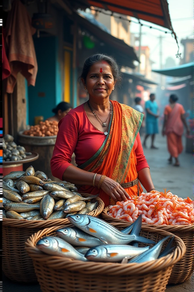 Indian fish seller women on shop with fish bucket in front
