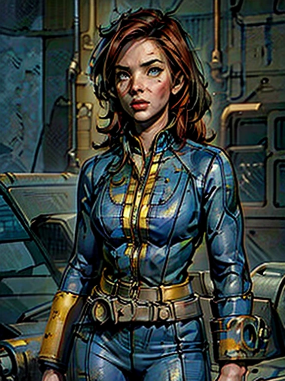 a girl in a fallout vault wearing a dark blue and yellow Fallout vault jumpsuit, pip-boy 3000, long red hair, round breasts, cleavage, post-apocalyptic, nuclear wasteland, desolate, ruined city, dramatic lighting, cinematic, photorealistic, 8k, hyper detailed, masterpiece, beautiful detailed face, beautiful detailed eyes, beautiful detailed lips, beautiful detailed nose,