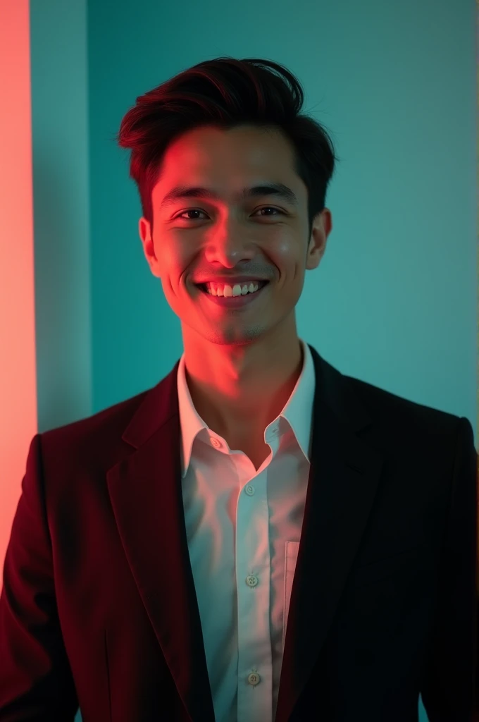 A young man with dark hair and a confident smile. He is dressed in a black blazer over a white shirt. The man is positioned against aqua colour backdrop with a subtle red lighting on the left side. and he posing for Linkedin profile
