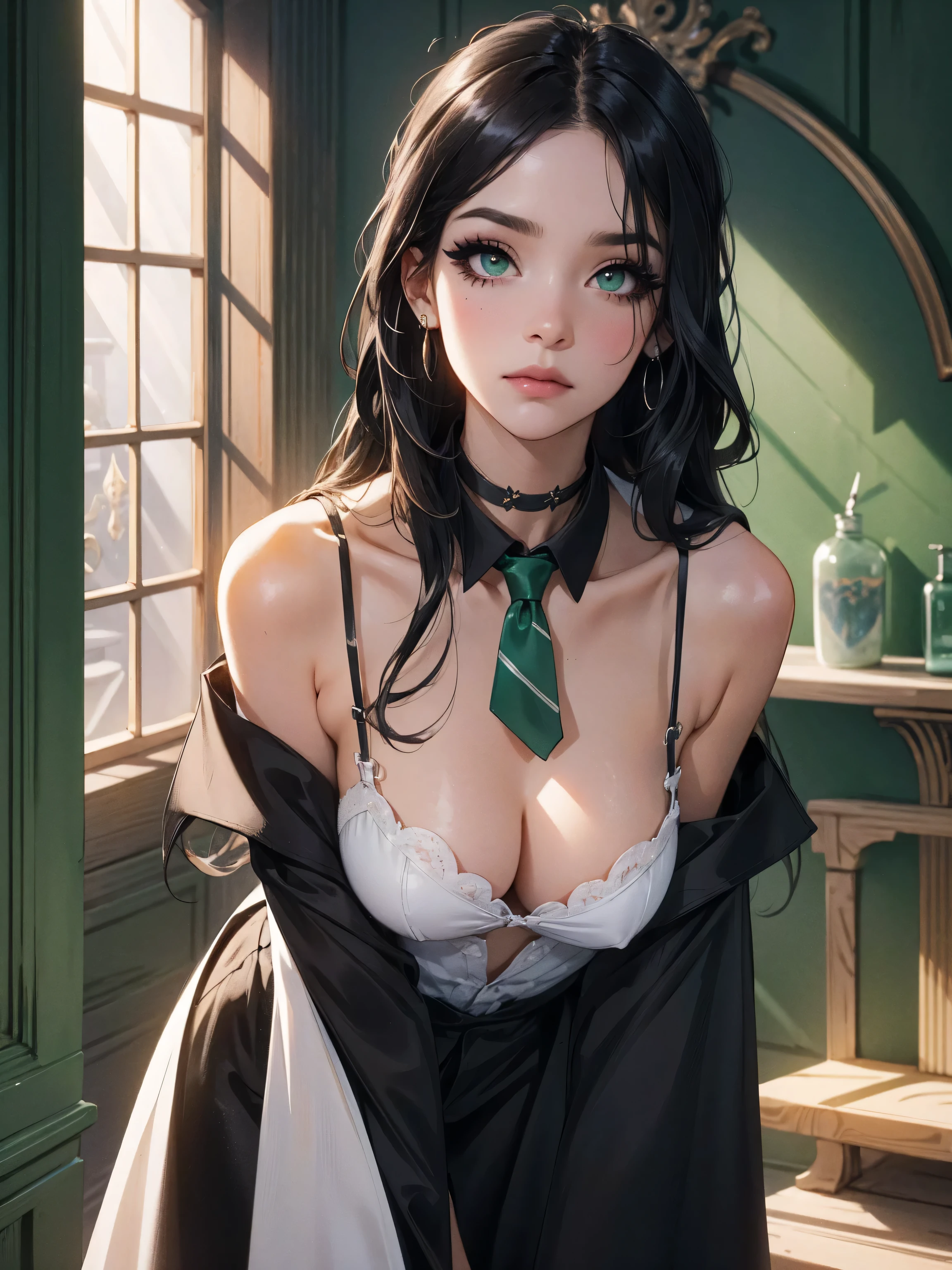 emo_hairstyle, (piercings), (black necktie), ((long hair)), ((straight hair)), (((black hair))), side swept bangs, white skin, pale, white, (green eye), tired expression, choker, ((dark makeup, mascara, eyeshadow)), multiple piercings, best quality, 8k, dark laboratory, dim lighting, white shirt, erotic, slytherin, black and white robes, (small breasts, cleavage, strap gap, leaning forward, hanging breasts), hogwarts robes. (((small breasts)))