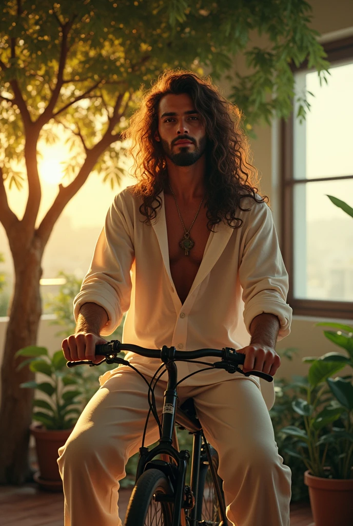 (photorealism:1.2), beautiful man
, sitting on bike wearing loose off-shoulder top, pajama pants, long curly hair, indoors, soft lighting, plants in background, tree
with sunlight, cozy tree, relaxed pose, realistic, intricate details, warm colors, by Greg Rutkowski, by Alphonse Mucha