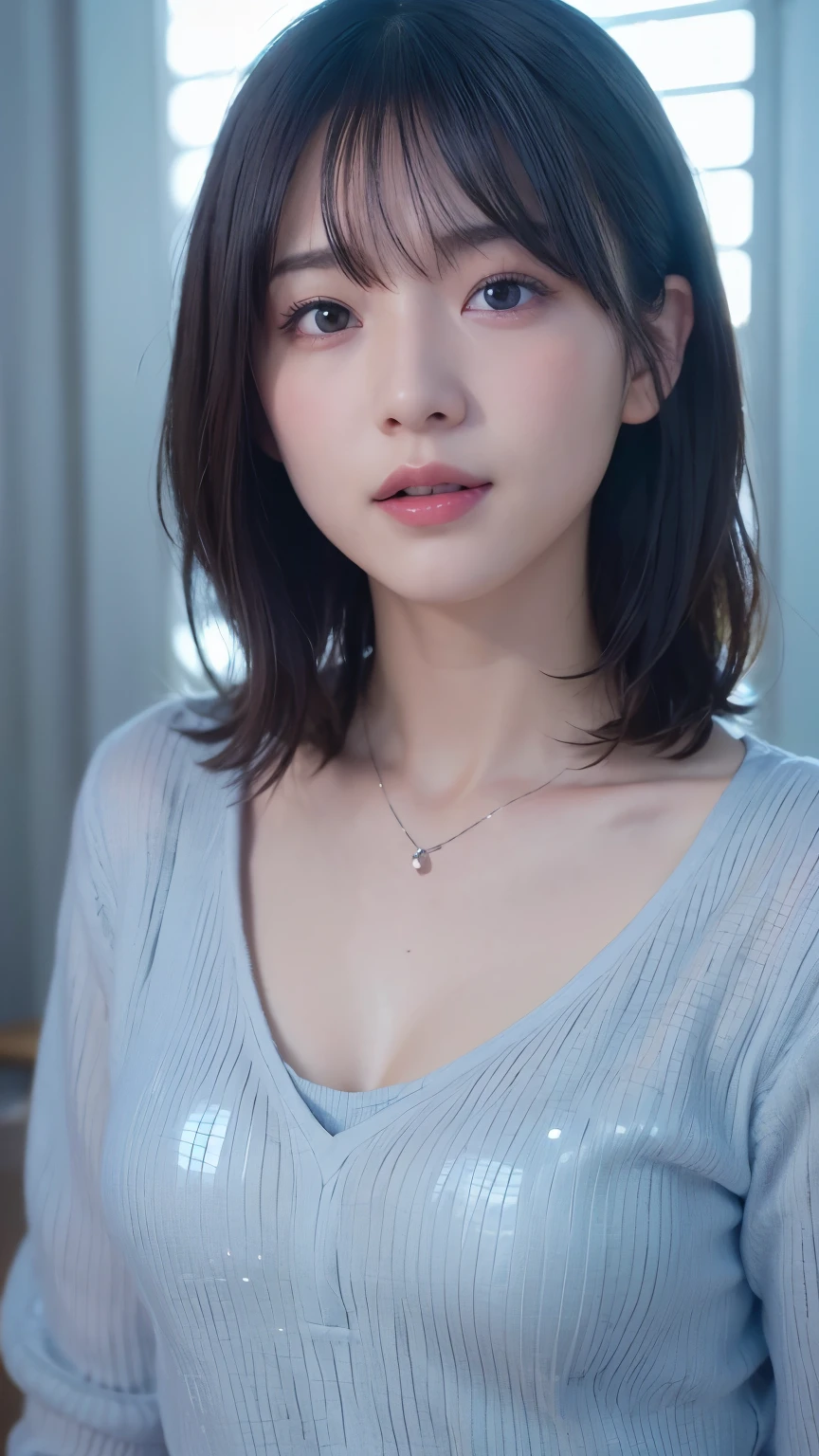 1 very cute girl、、short hair、Gray Hair、Reduces hair volume、Blue background、Upper Body、(head shot:1.5)、Eyes focus、Collared shirt、Laughter、、(8k、RAW Photos、highest quality、masterpiece:1.2)、(Realistic、Realistic:1.3)、Hmph、The depth of the written world、Wide Light、High Contrast、(Shine:1.4)、chromatic aberration、Sharp focus、RAW color photos、Cinema Lighting、8K resolution、