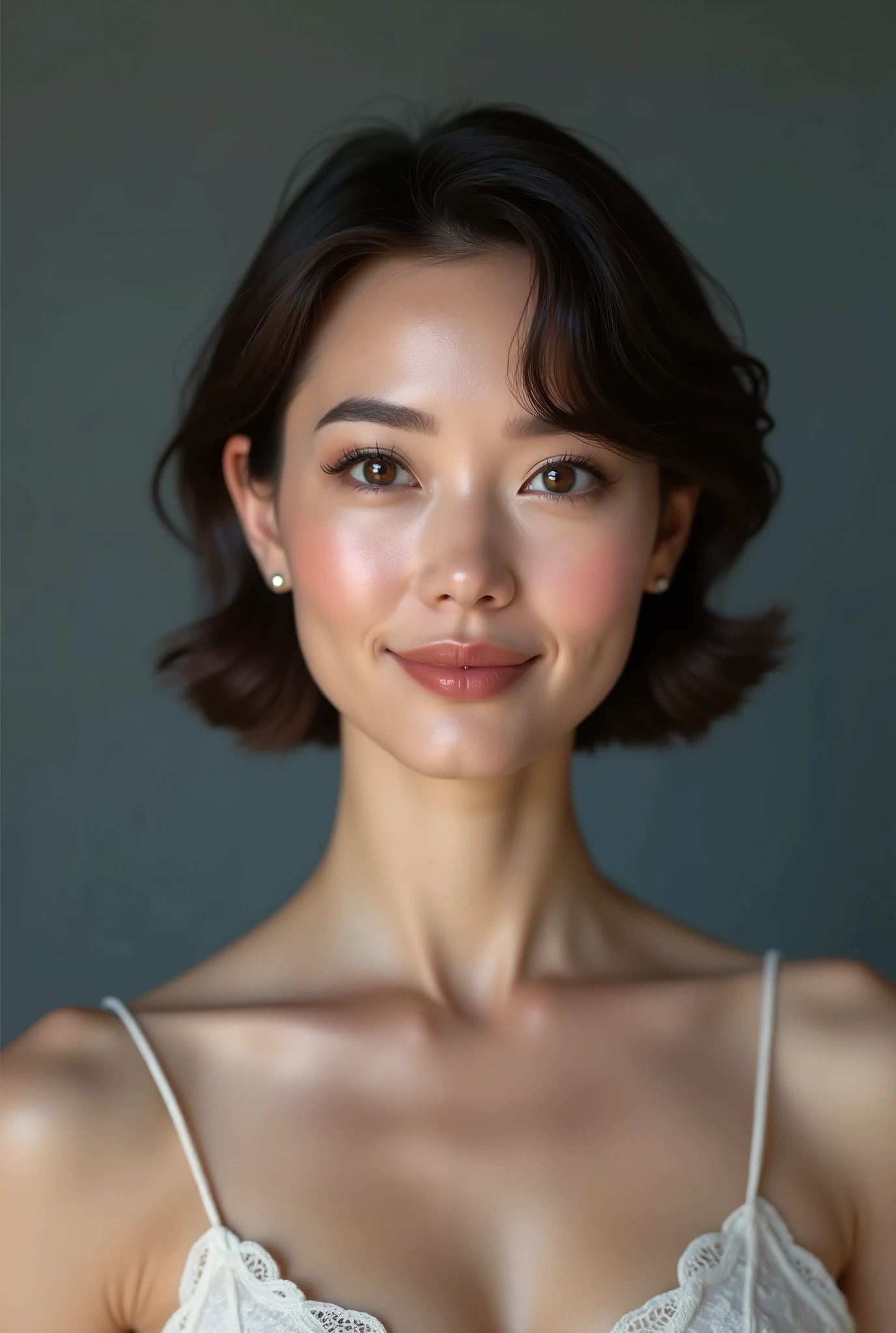 cinematic lighting、perfect、soft light、High resolution skin:1.2、realistic skin texture、30 year old mature woman、small face、no makeup、Bust B Cup、、Detailed beautiful brown eyes、short hair、dark brown hair、cool beauty、gray background