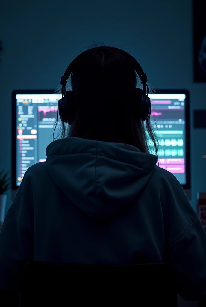 A girl sits in her darkened room, wearing a hoodie and oversized headphones. The room is dimly lit by the soft glow of her computer screen, which displays a Digital Audio Workstation (DAW) with multiple tracks and vibrant waveforms. The camera angle is from behind her, above her shoulder,as she works on crafting beats. The atmosphere is dark and moody, with minimal ambient light highlighting the contours of her hair and the details of her workspace. Her hoodie adds to the sense of immersion and concentration in her creative process.
((best quality)), ((masterpiece)), (detailed), 1girl,hoodie,headphones