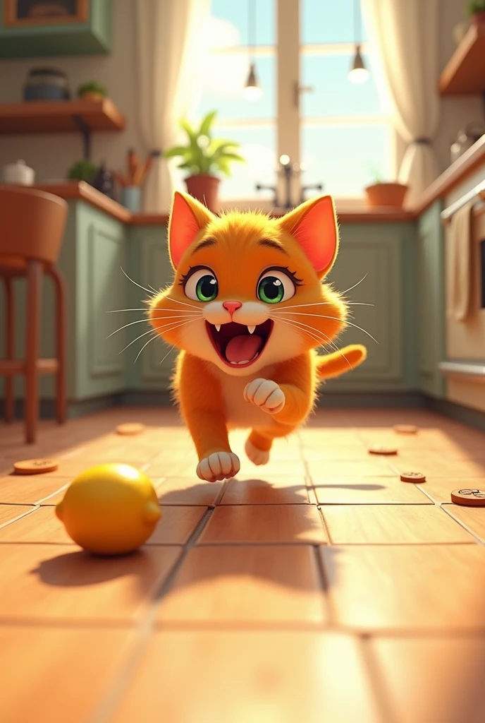 Leo with an excited expression as he chases the lemon across the kitchen floor