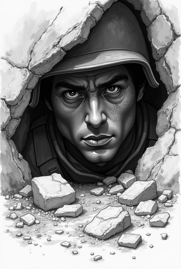 A close up sketch of soldier crouched under a debris. Wide open eye, surrounded by war zone. Let only his uper body shown