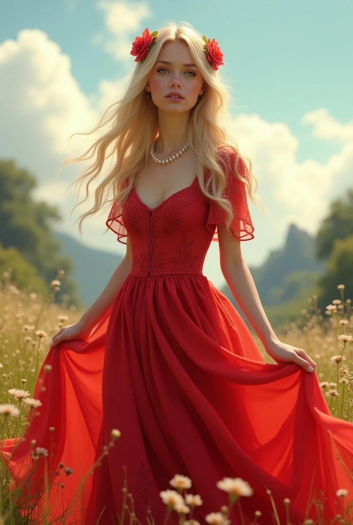 White girl in red dress